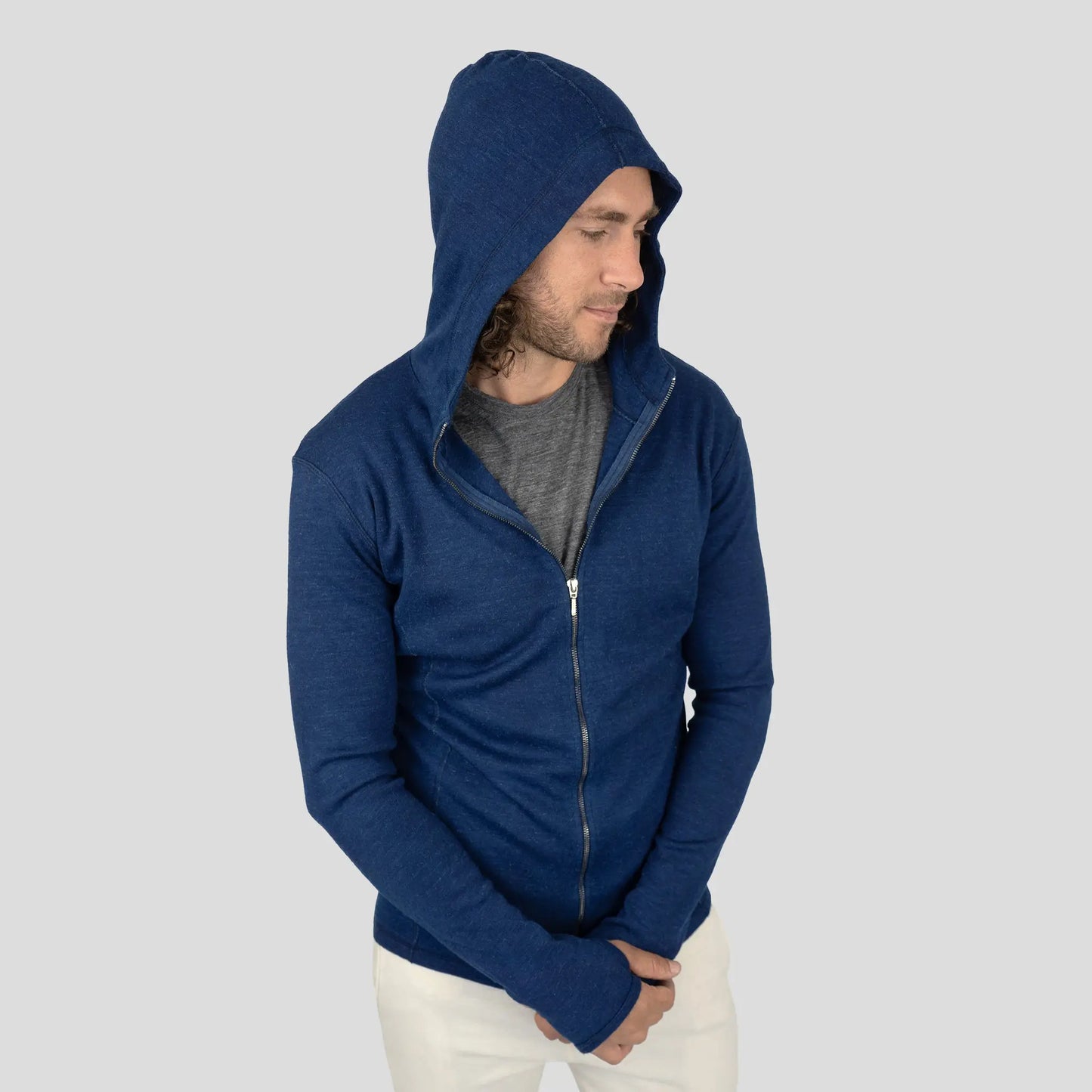 Men's Alpaca Wool Fleece Hooded Jacket: 420 Midweight Full-Zip color Natural Blue